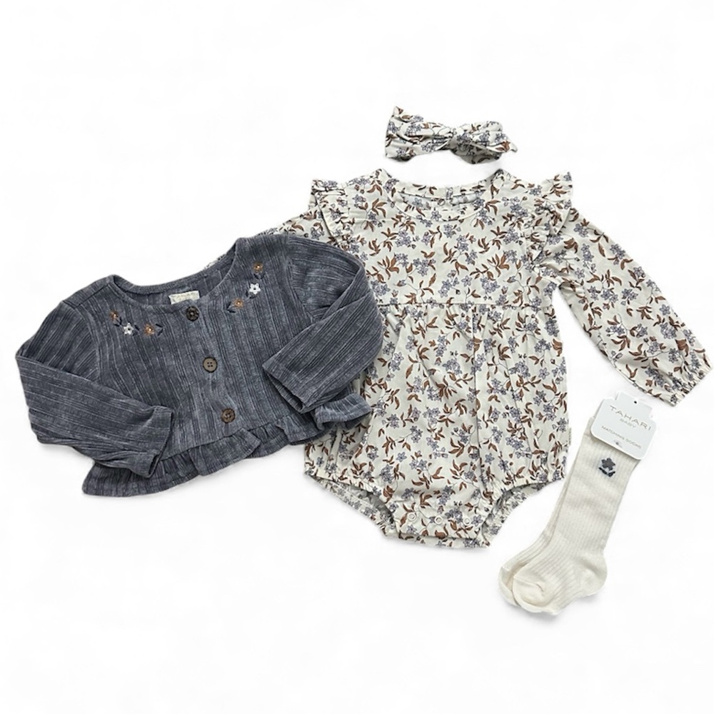 Tahari Baby 4 Piece Set Baby Girl 6-9 Months Bodysuit Cardigan Bow Socks NWT